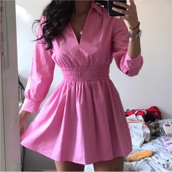 Zara collard v neck pink mini dress — smocked waist long sleeves skater dress - Picture 7 of 15